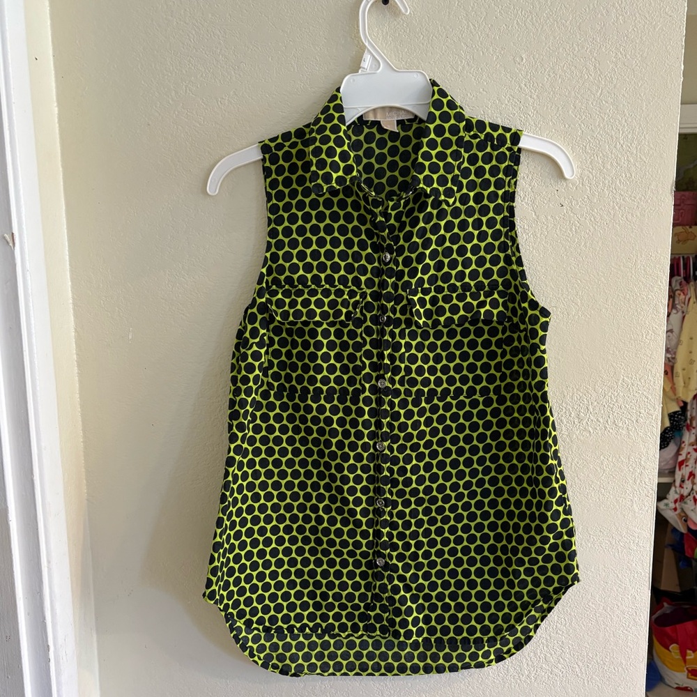Michael Kors Sleeveless Lime Green and Black Polka Dot Button-Front Camisole
